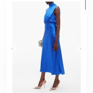 Saloni Fleur High Neck Silk Satin MIDI Blue Dress Size 4